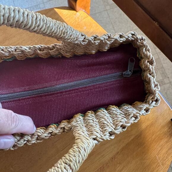 Vintage Boho Textured Bumps Woven Wicker Tan Top Handle HandBag Purse Grandma - Picture 7 of 11